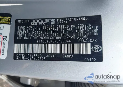 2007 Toyota Camry Ce/Le/Se/Xle z USA, uszkodzony, nr VIN 4T1BE46K37U185346